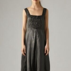 Eileen Fisher Gray Silk Habutai Floating Squares Beads Dress - Size Medium